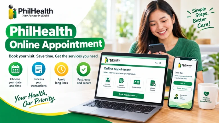 PhilHealth online appointment page showing a calendar, appointment options, and user instructions for scheduling.
